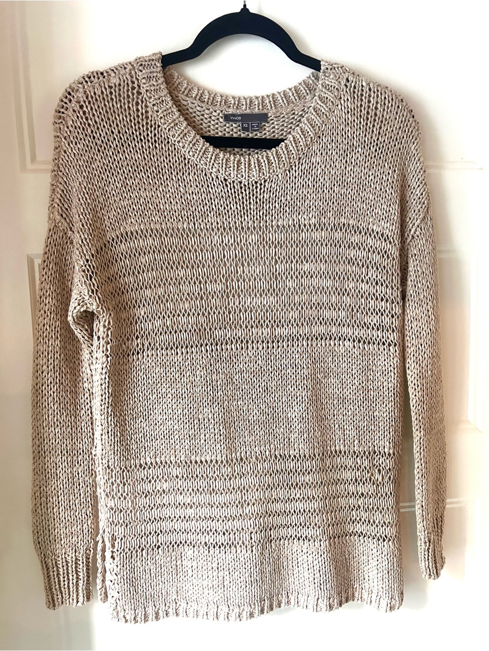 Vince XS Open Knit Sweater Beige Sheer Lightweight Oversized Quiet Luxury Resort